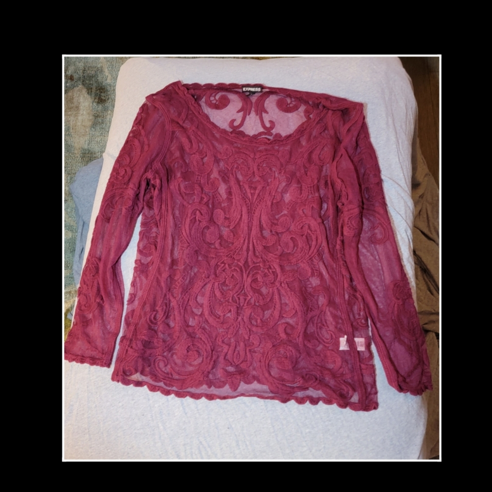 Sheer Burgundy/wine Lace Long Sleeve Shirt